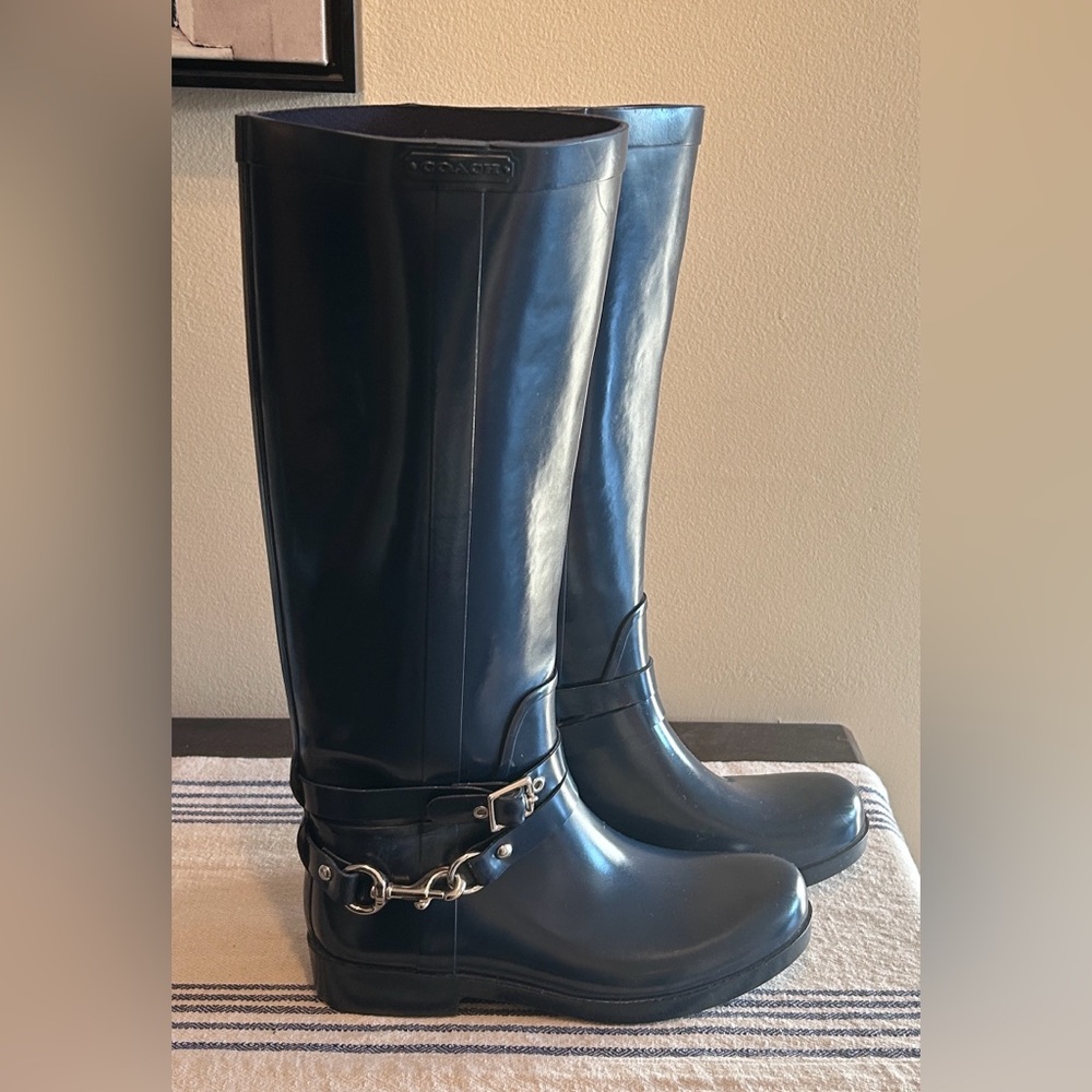 COACH Navy Blue Riding Rain Boots 7 Quiet Luxury Minimalist Chic - Picture 3 of 9